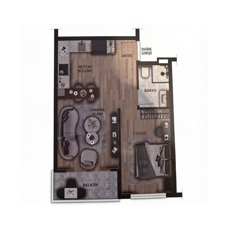 1+1 Daire Planı (Tip2)